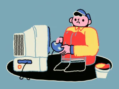 Illustration of boy playing video game on old console